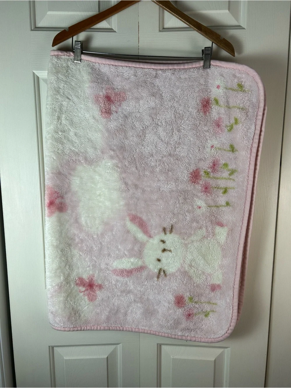 Vintage Carter's Pink White Bunny Rabbit Baby Blanket Throw Butterfly Flower